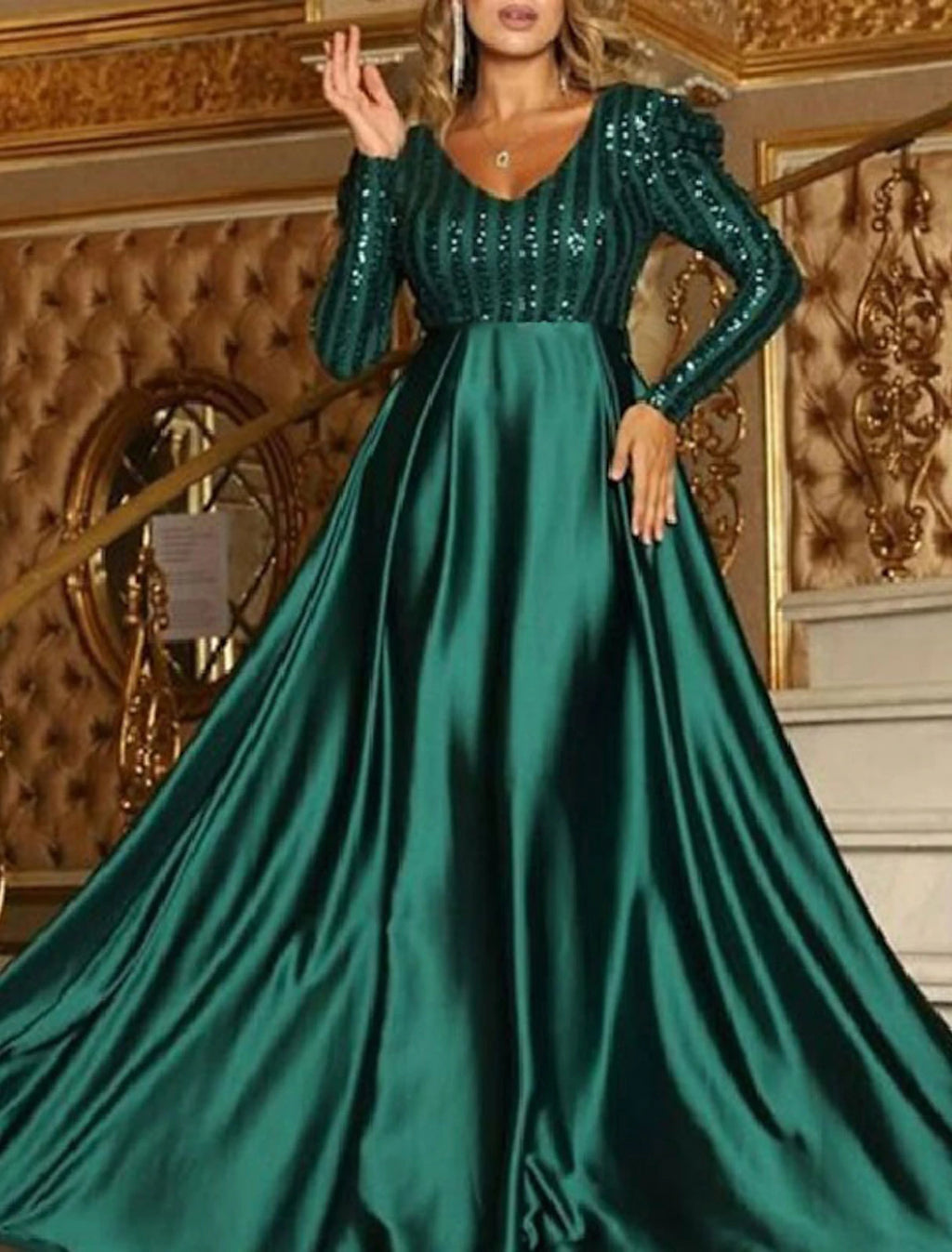 Vestido formal de noche de corte A, brillante, de compromiso, rojo y verde, escote en V, manga larga, cola de corte, poliéster con lentejuelas