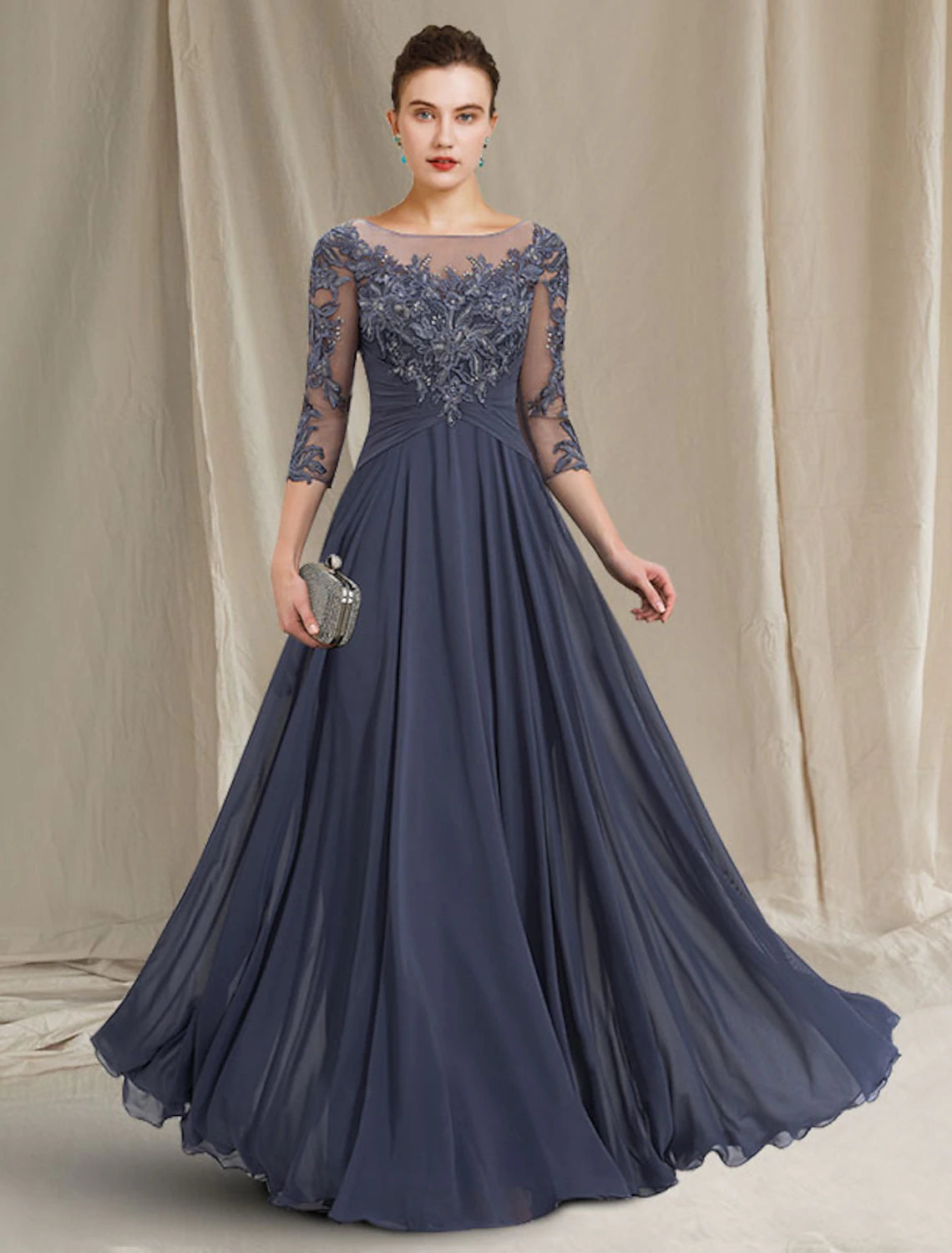 Slate Blue Chiffon A-Line Floor-Length Dress with Boat Neck, Illusion Bodice & Embroidered Sleeves