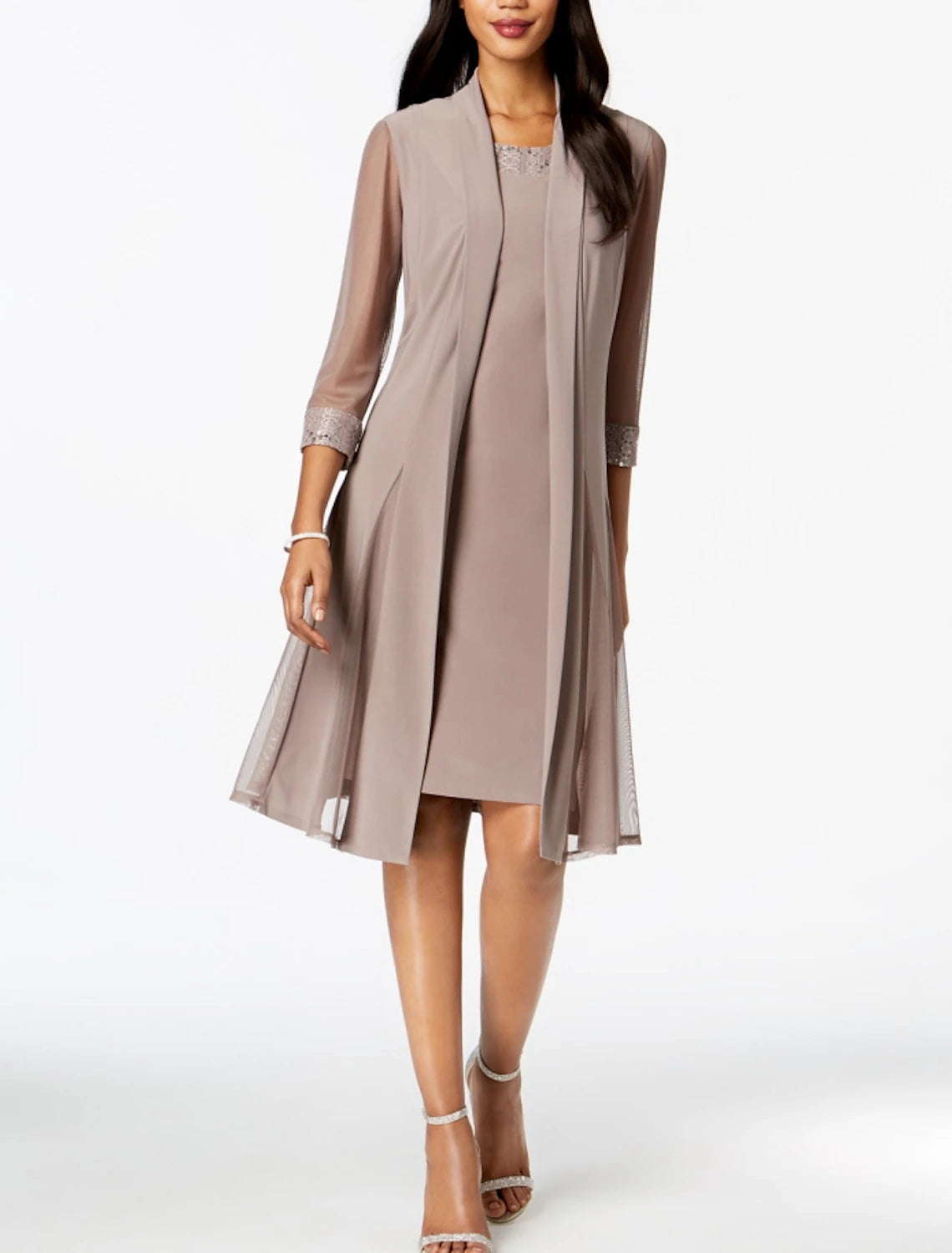 Two Piece Sheath / Column Mother of the Bride Dress Wedding Guest Elegant Jewel Neck Knee Length Chiffon Sleeveless Wrap Included Jacket Dresses with Sequin Ruching