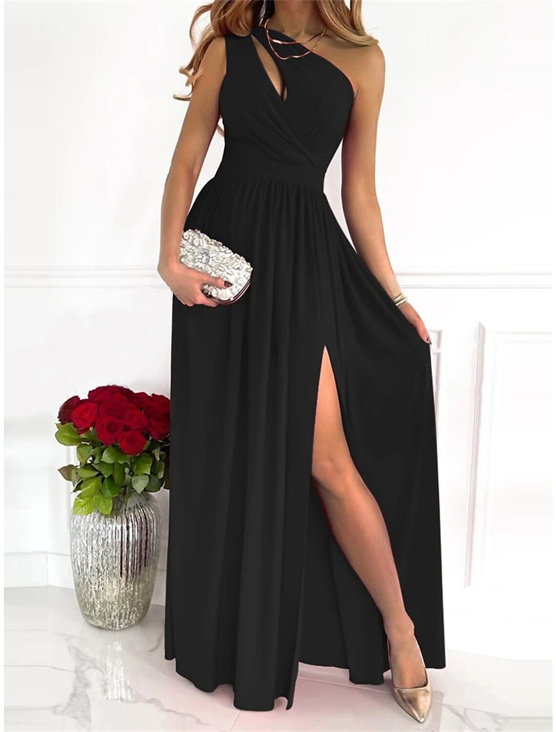 Women's Long Dress Maxi Dress Party Dress Homecoming Dress Swing Dress Pure Color Fashion Streetwear Outdoor Date Vacation Ruched Split Sleeveless One Shoulder Dress Regular Fit Black Red Green