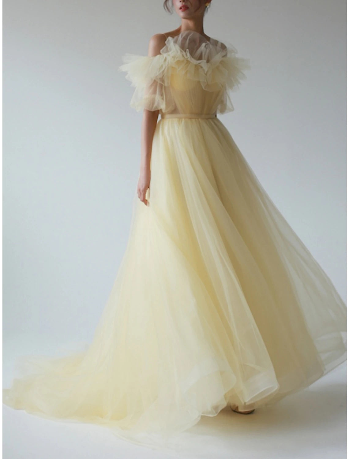 Vestido de noche elegante de corte A, formal, con cola larga y mangas cortas, escote en V, de gasa con pliegues y volantes.