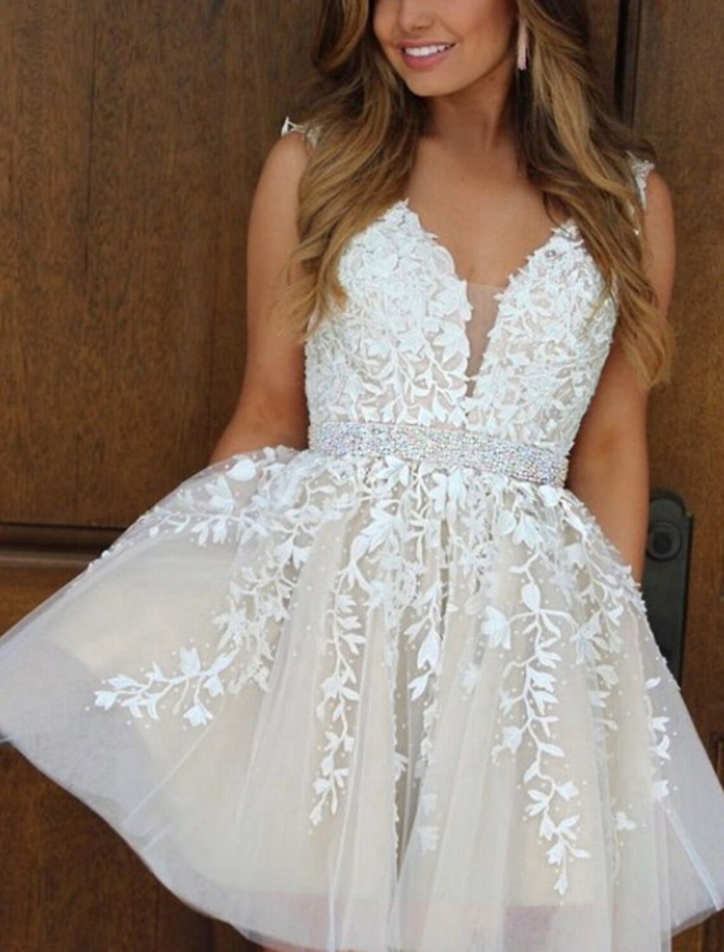 Blushing Pink Lace A-Line V-Neck Short Dress with Beaded Waistband