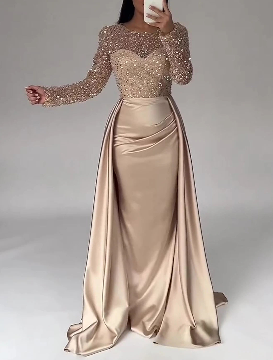 Vestido de noche de sirena con lentejuelas y fruncido de satén, mangas largas hasta el suelo, cuello ilusión brillante, vestido de invitada de boda de otoño con sobrefalda de perlas