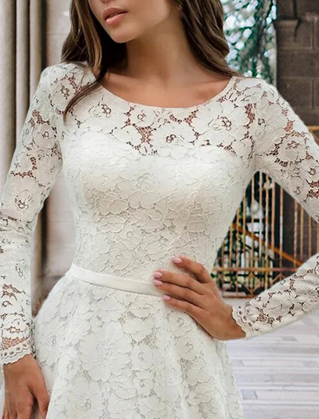 Ivory Lace A-Line Floor-Length Dress with Boat Neck and Long Sleeves - Jimiss