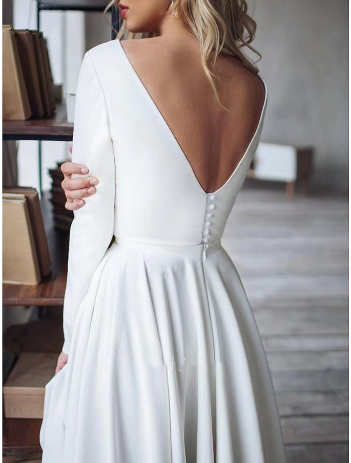 Vestido de noche de corte A con espalda abierta, para invitada de boda, formal, asimétrico, manga larga, cuello joya, tela con botones y pliegues (2025)