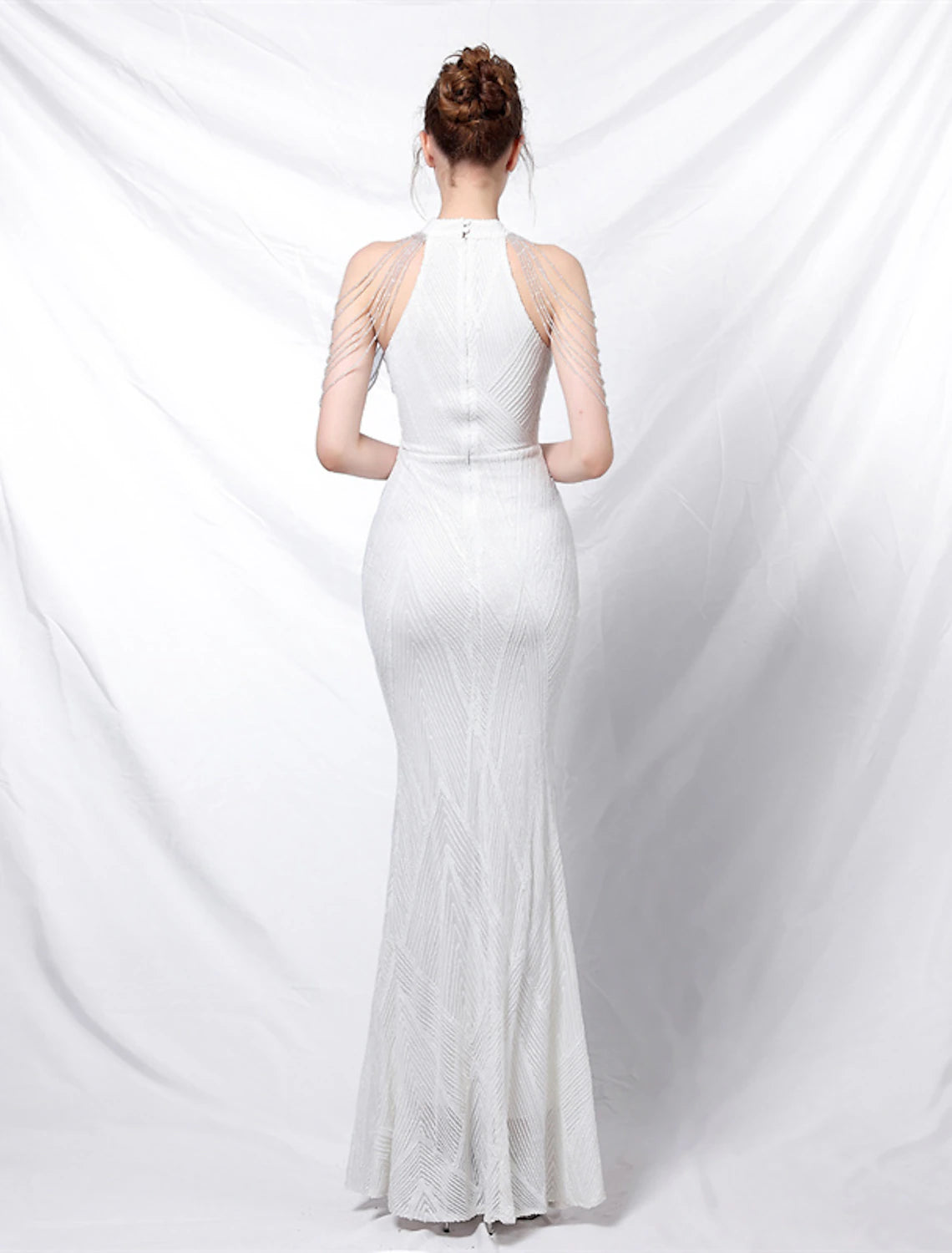 White Sequin Mermaid Floor-Length Dress with High Neck and Chain Shoulder Details