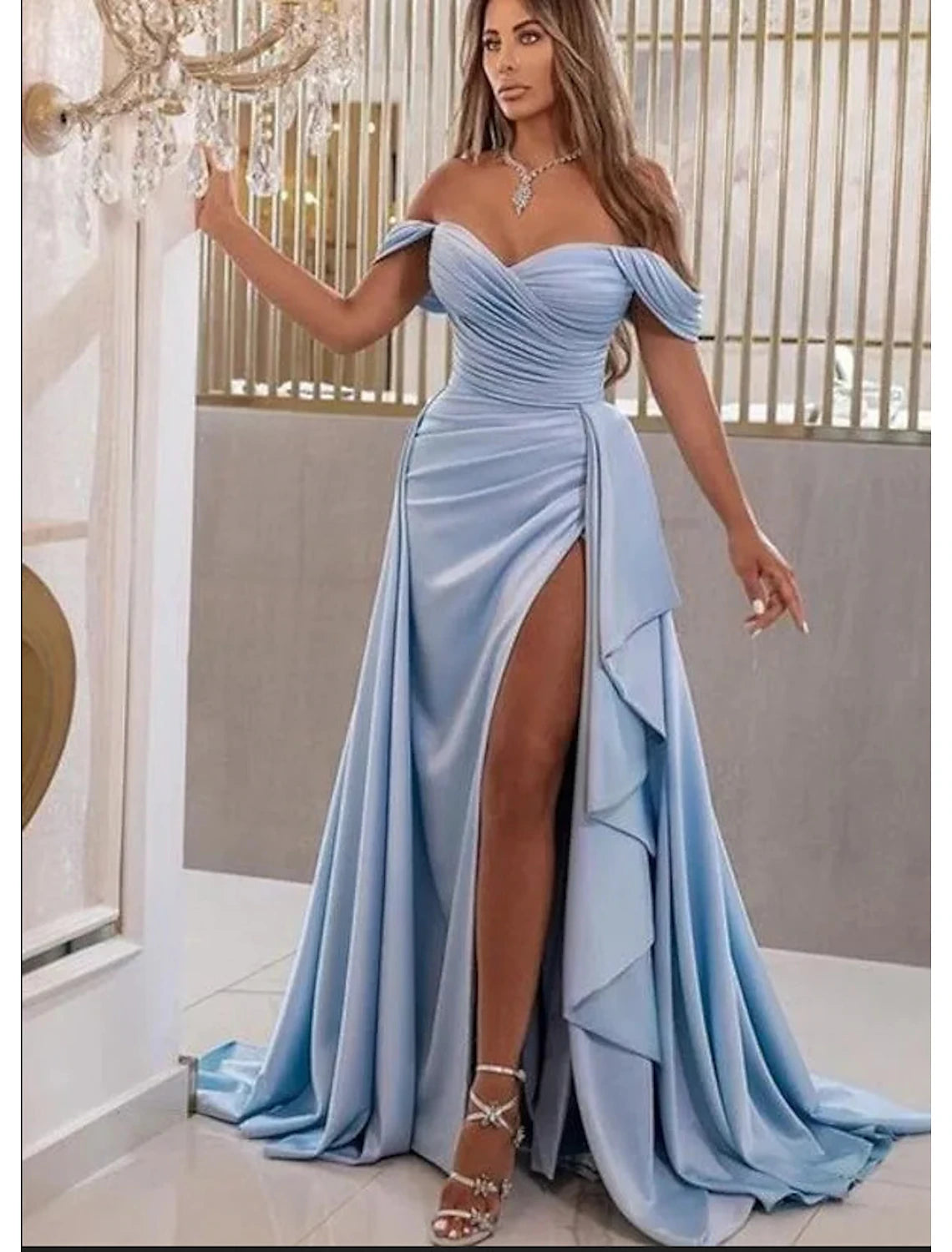 Sky Blue Satin A-Line Floor-Length Sweetheart Off-the-Shoulder Gown