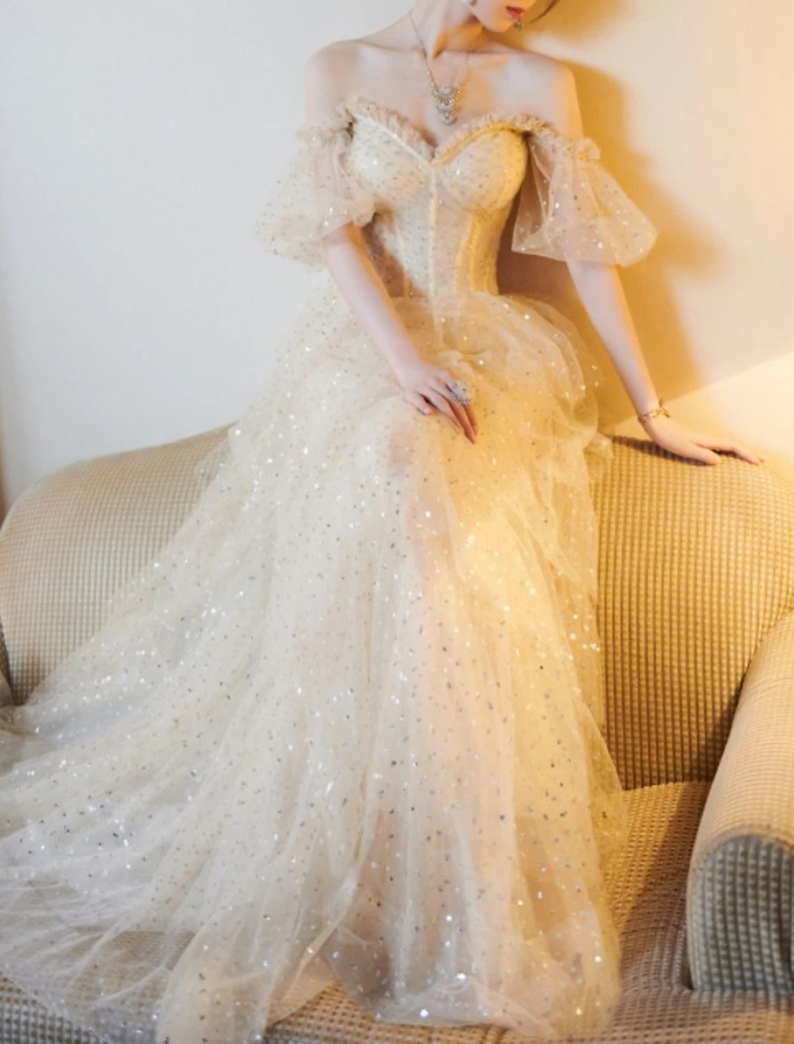 Abito da sera formale da fidanzamento vintage scintillante a trapezio, scollo a cuore, manica corta, lunghezza pavimento, in tulle con paillettes