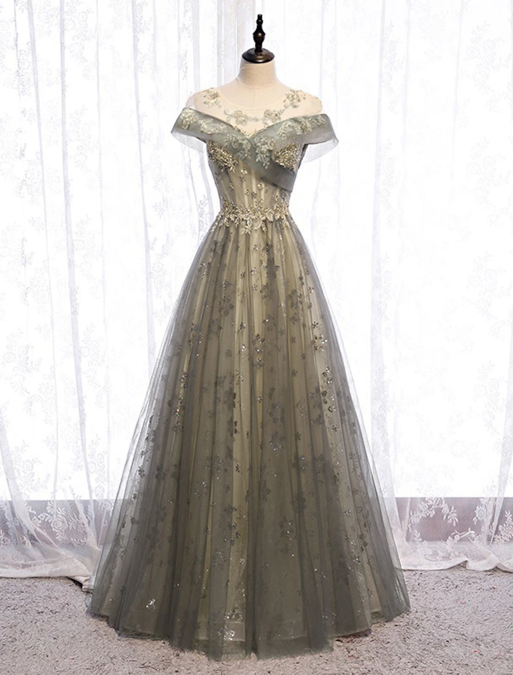 Sage Green Tulle A-Line Floor-Length Evening Dress with Illusion Off-the-Shoulder Neckline and Embroidered Bodice