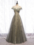 Sage Green Tulle A-Line Floor-Length Evening Dress with Illusion Off-the-Shoulder Neckline and Embroidered Bodice