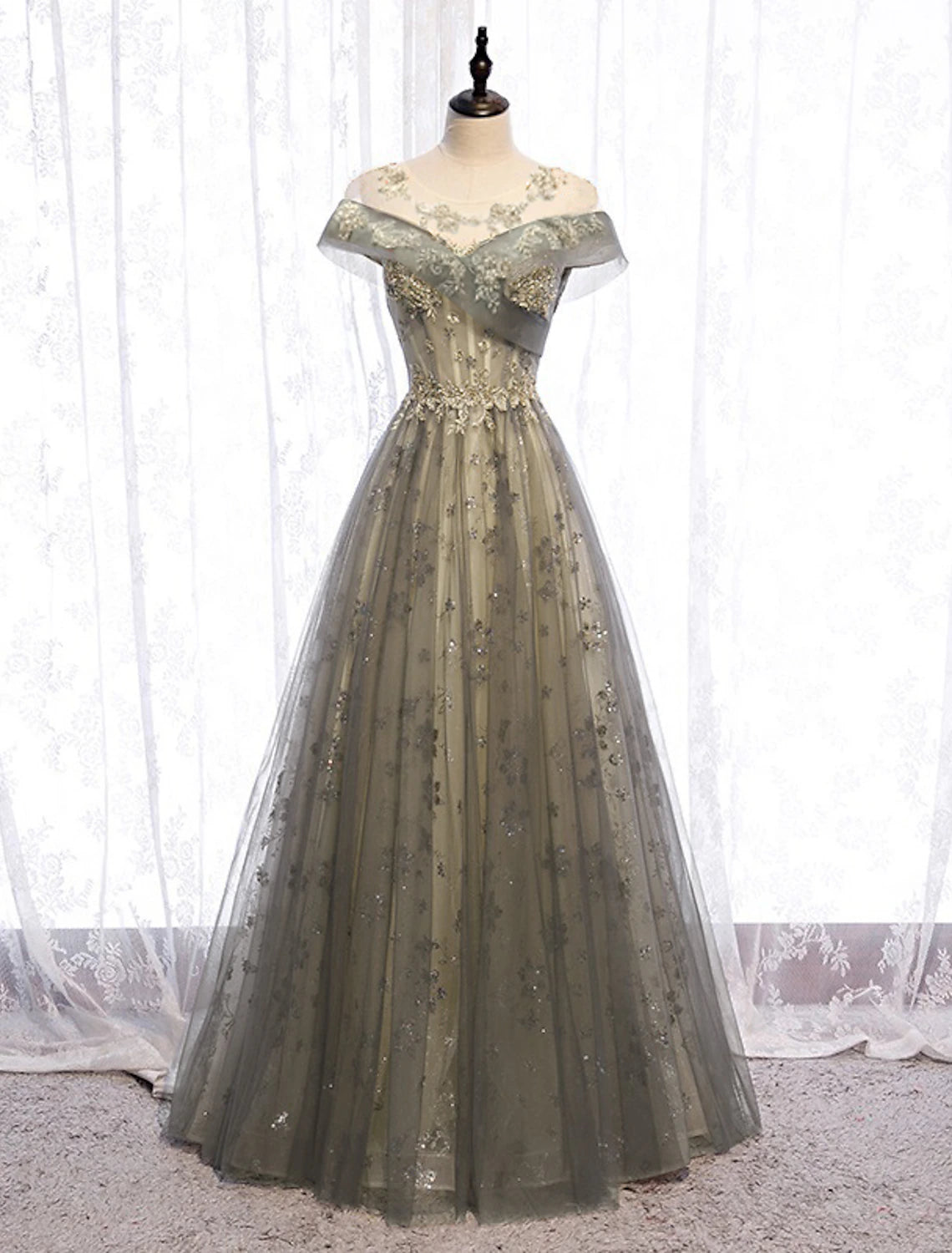 Sage Green Tulle A-Line Floor-Length Evening Dress with Illusion Off-the-Shoulder Neckline and Embroidered Bodice