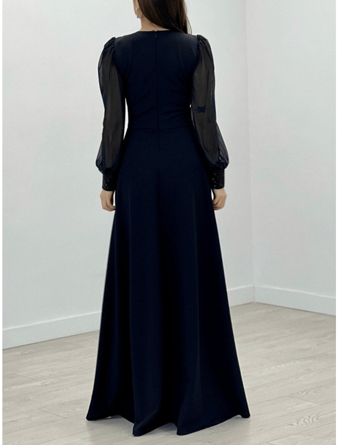 Abito da sera a trapezio, scintillante e brillante, per invitati a nozze formali, lungo fino al pavimento, manica lunga, scollo a V, in chiffon con pieghe glitterate