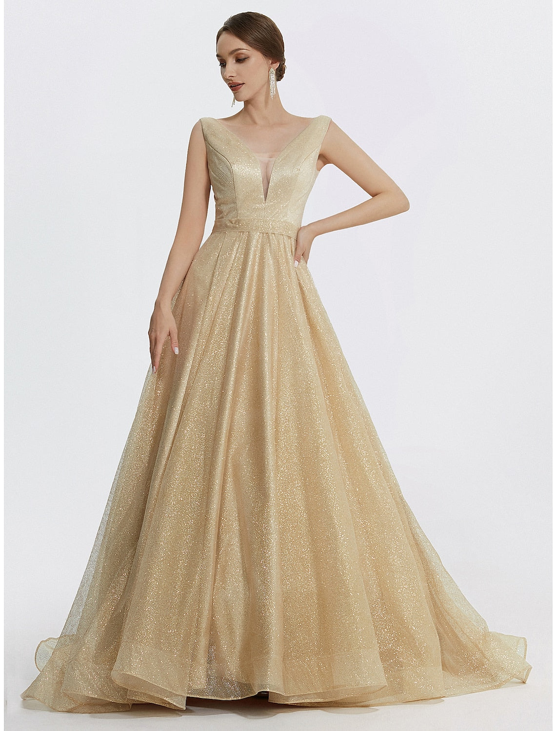 Vestido de fiesta con brillo, para boda, quinceañera, largo hasta el suelo, sin mangas, cuello en V, tul con brillo