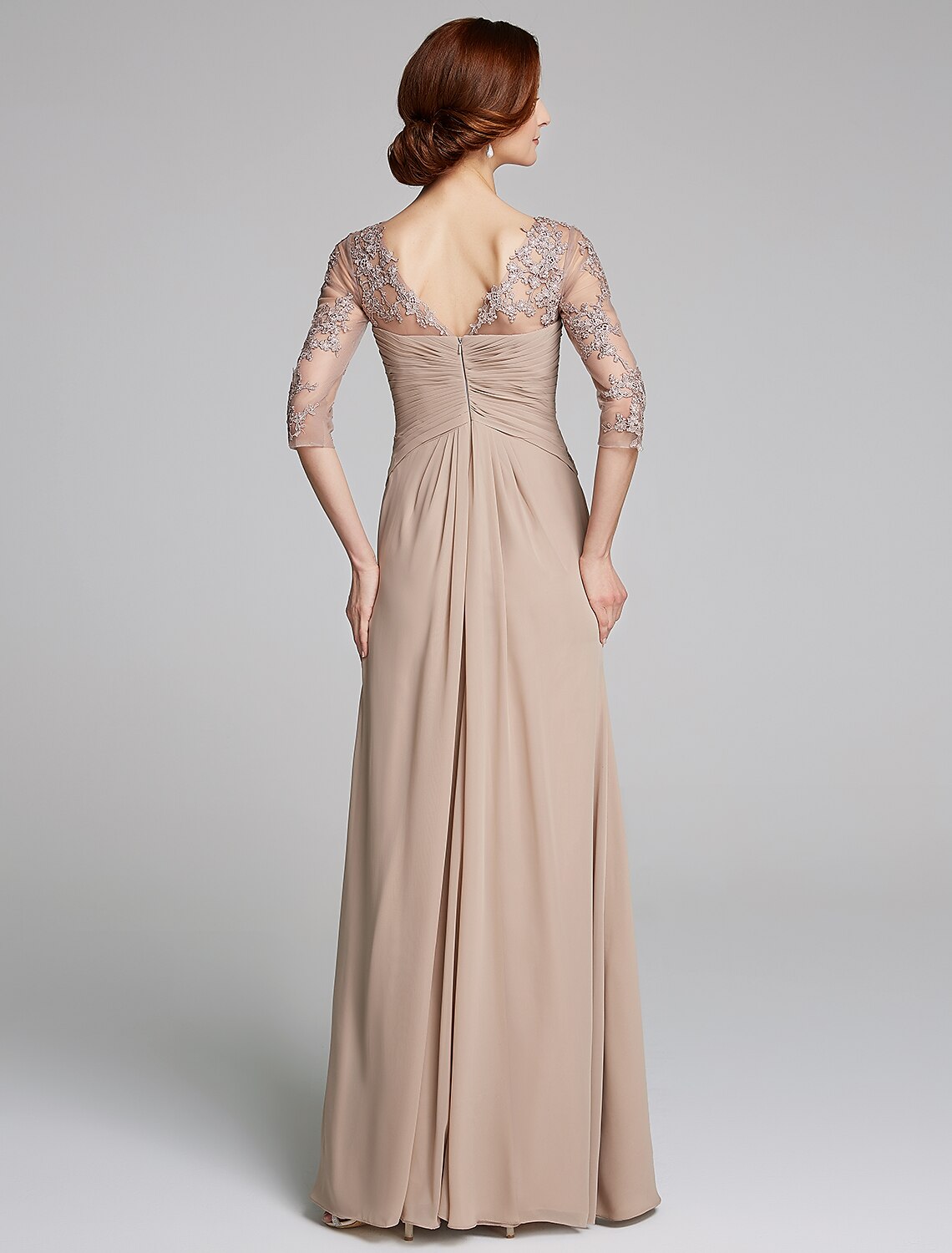 Abito da madre della sposa a trapezio, scintillante e brillante, scollo a barca, lunghezza pavimento, in chiffon e pizzo, maniche a 3/4 con applicazioni di cristalli