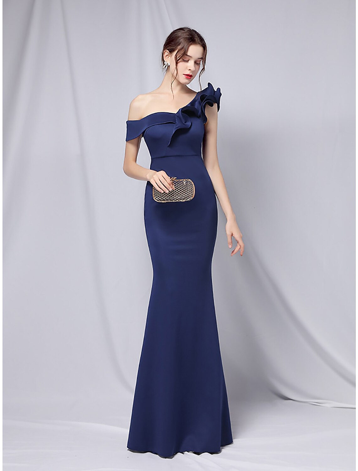 Mermaid Party Dress Evening Gown Empire Dress Wedding Guest Formal Evening Floor Length Short Sleeve One Shoulder  Satin with Ruffles