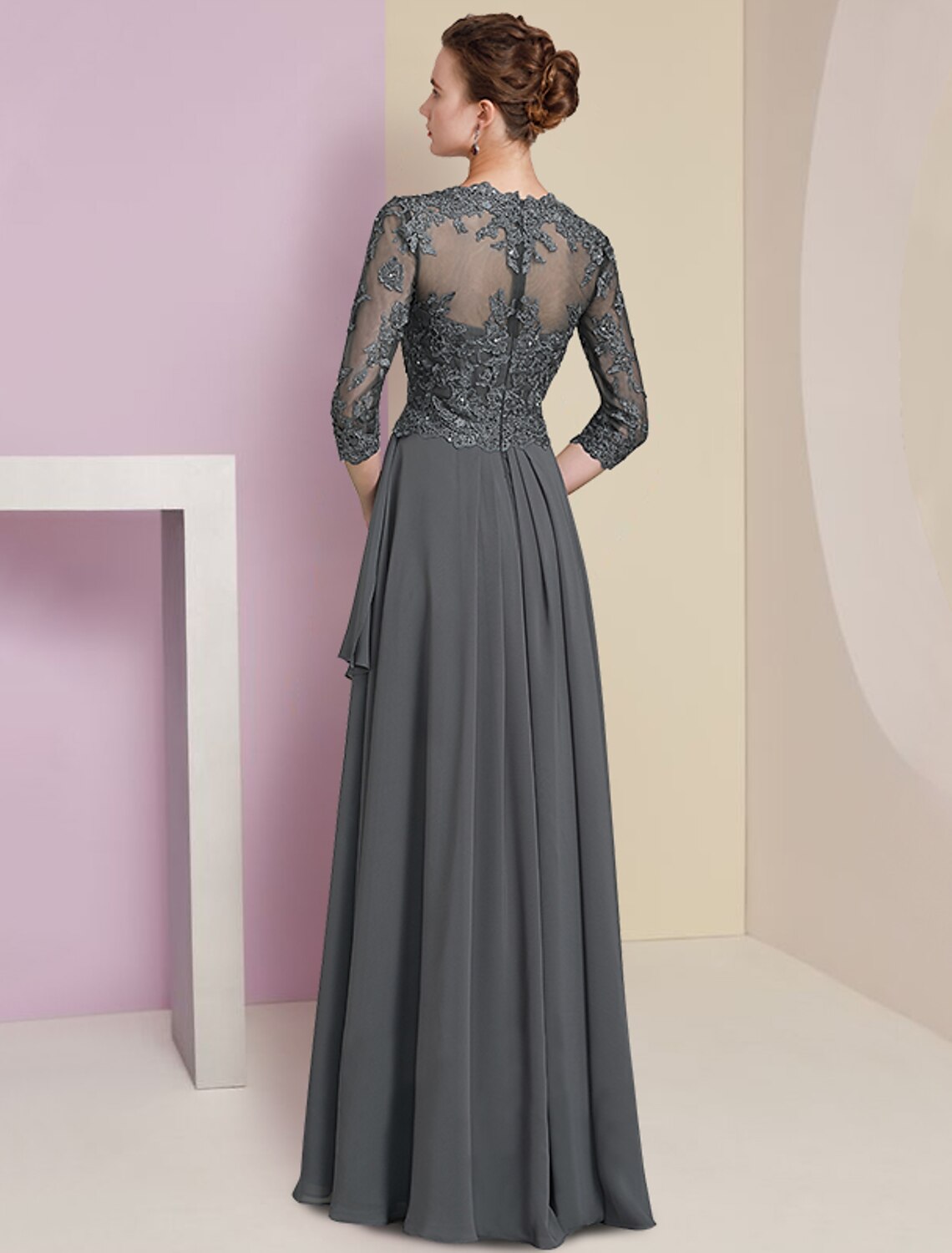 Abito da madre della sposa a trapezio, formale, lussuoso, elegante, con scollo a V, lunghezza al pavimento, in chiffon, pizzo, mezza manica, con pieghe e applicazioni di perline