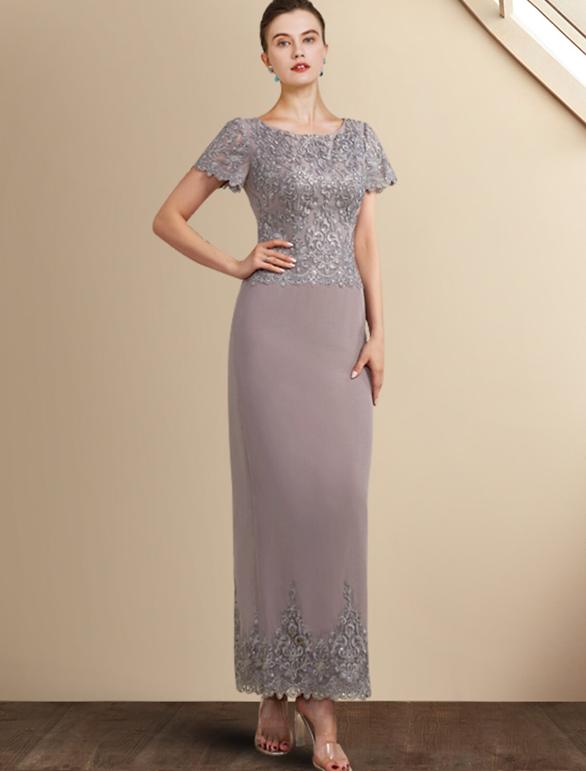 Abito da madre della sposa a tubino/colonna, elegante, con scollo gioiello, lunghezza alla caviglia, in chiffon, pizzo, maniche corte con applicazioni