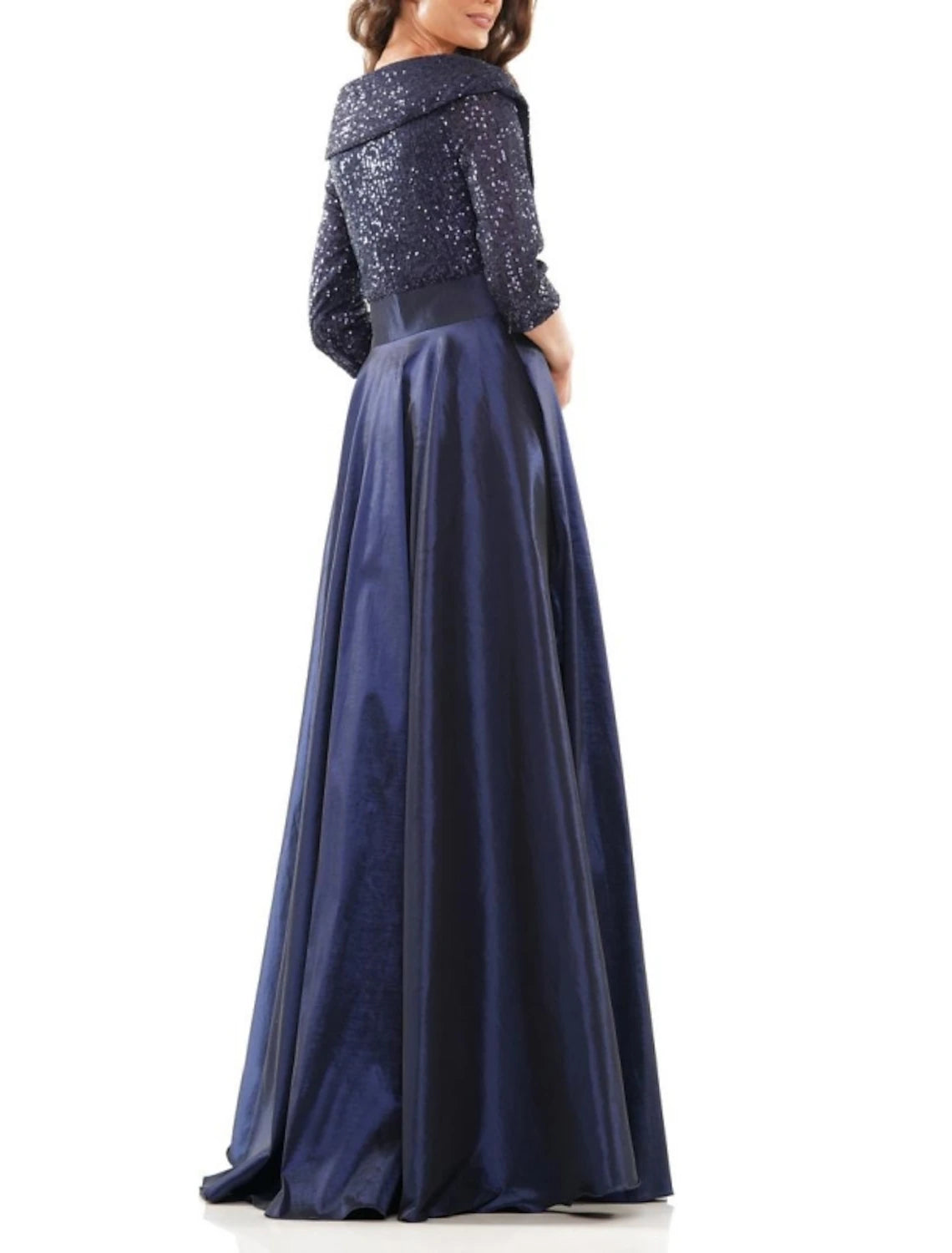 Abito da sera a trapezio, elegante, formale, nero, taglie forti, lungo fino al pavimento, mezza manica, scollo a V, in raso con fiocco/i, pieghe, paillettes 2025