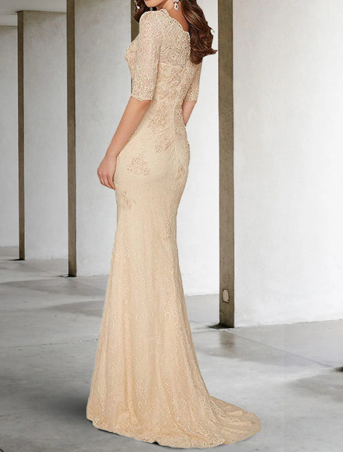 Abito da sposa a sirena/tromba, per la madre della sposa, taglie forti, sexy, scollo a V, strascico a ruota, in chiffon, pizzo, mezza manica con applicazioni in pizzo, autunno