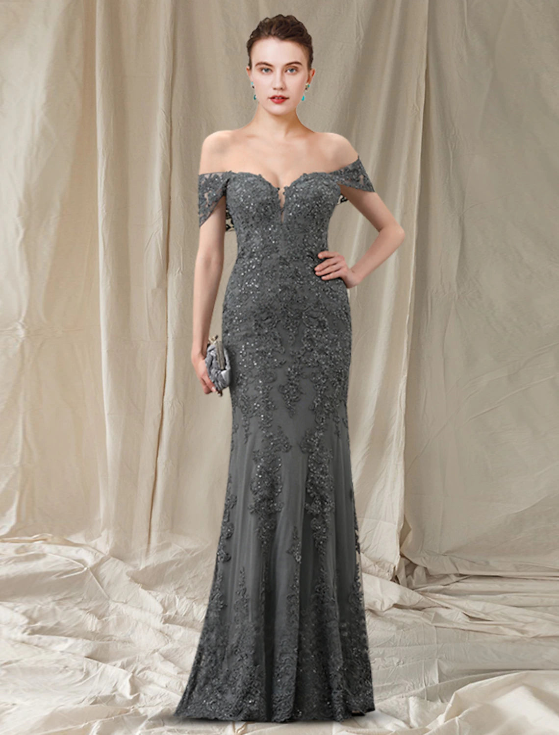 Grey Lace Mermaid Floor-Length Evening Dress with Lace Appliques & Off-the-Shoulder Neckline