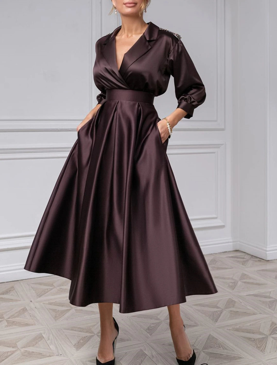 A-Line Cocktail Dresses Vintage Black Dress Plus Size Wedding Guest Evening Party Tea Length 3/4 Length Sleeve Shirt Collar Satin with Pleats 2025