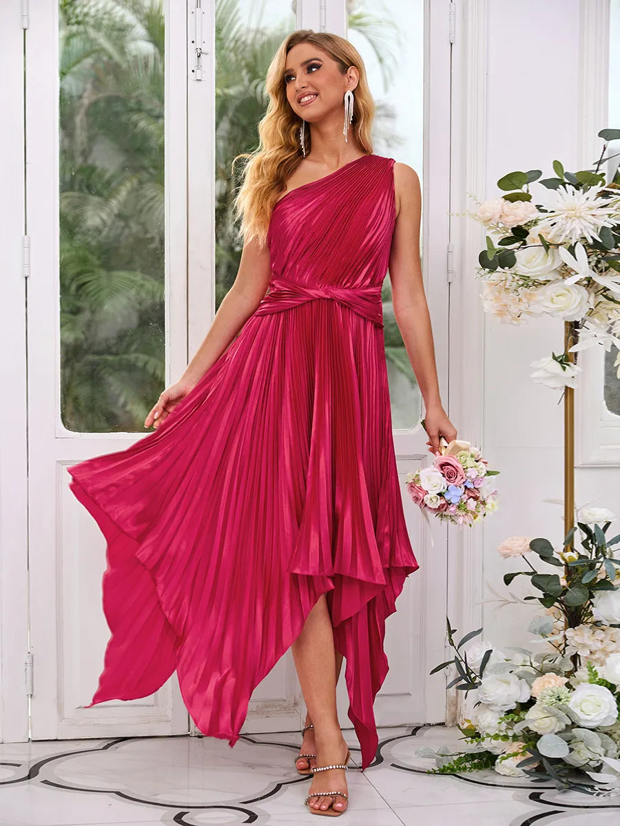 Mulberry Satin A-Line One-Shoulder Open-Back High-Low Dress - Jimiss