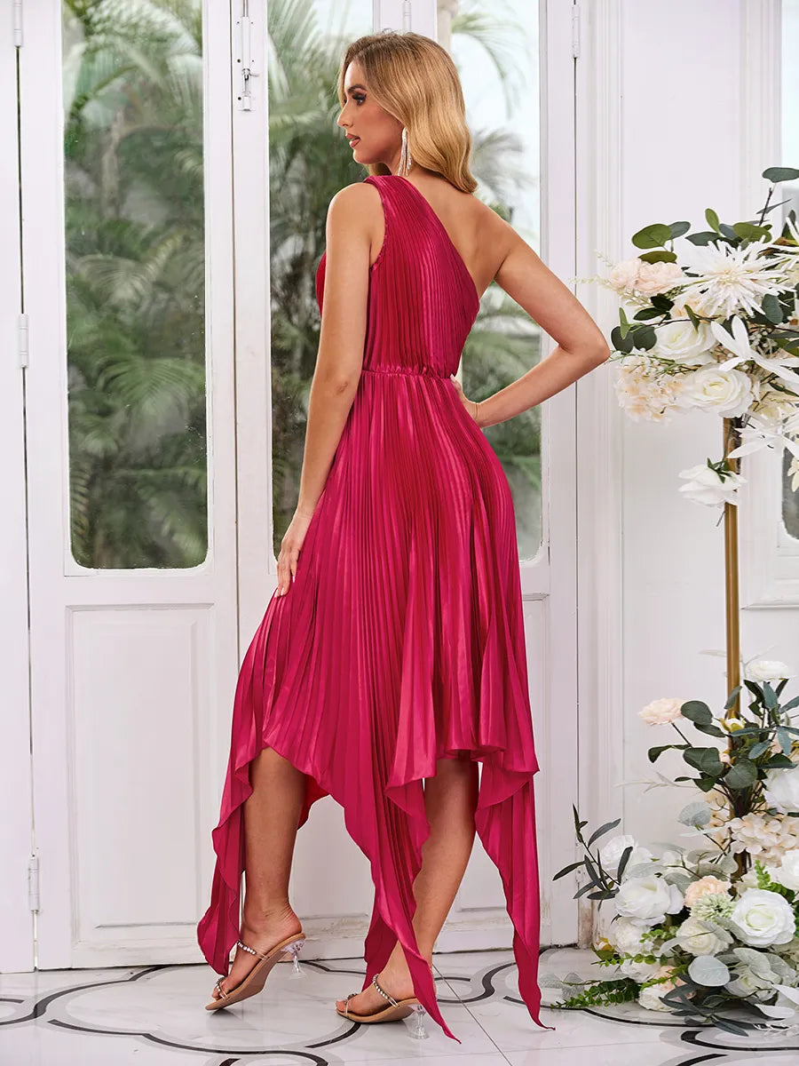 Mulberry Satin A-Line One-Shoulder Open-Back High-Low Dress - Jimiss