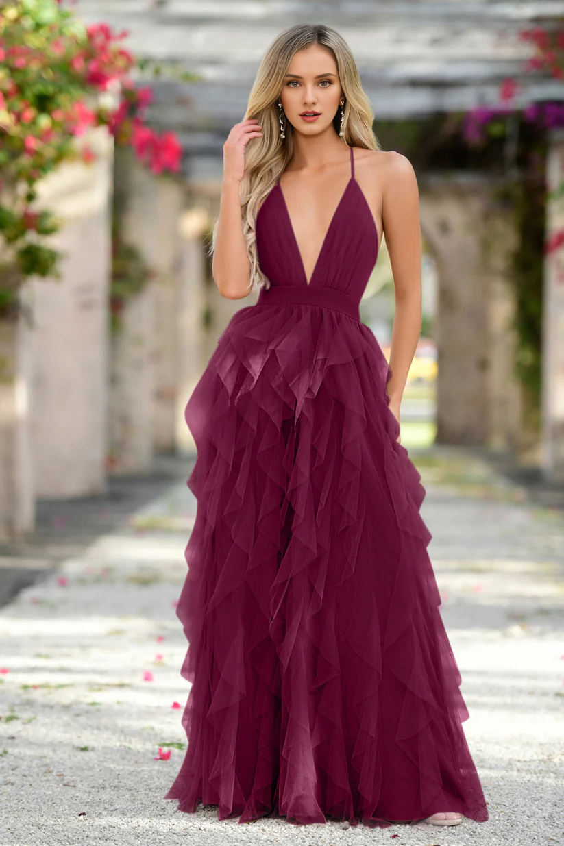 Dusty Blue A-Line V-Neck Floor-Length Bridesmaid Dress with Ruffled Tulle Skirt