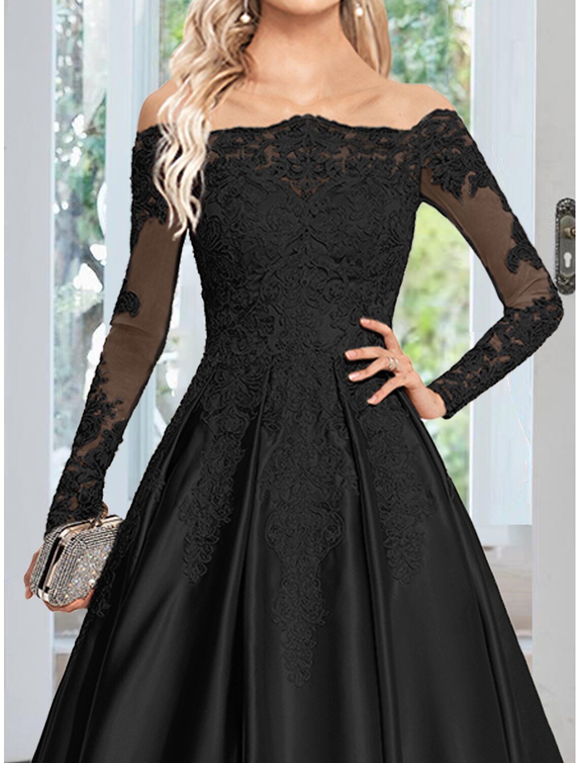 Black Satin Off-the-Shoulder A-Line Floor-Length Evening Dress