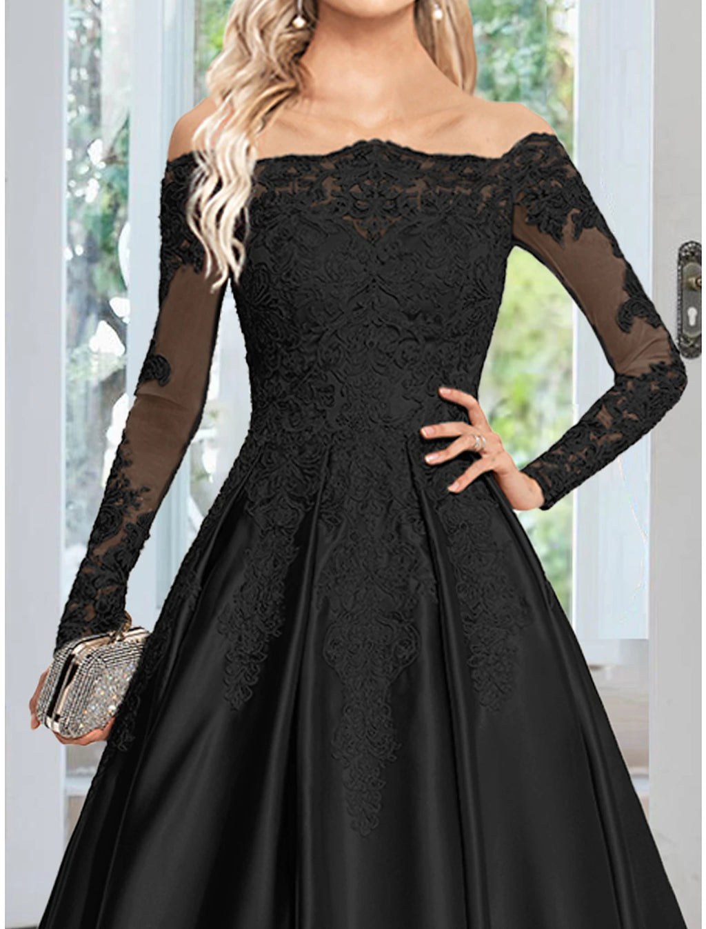 Vestido de noche elegante de corte A, vestido formal de boda para invitados, cola de corte, manga larga, hombros descubiertos, satén con apliques