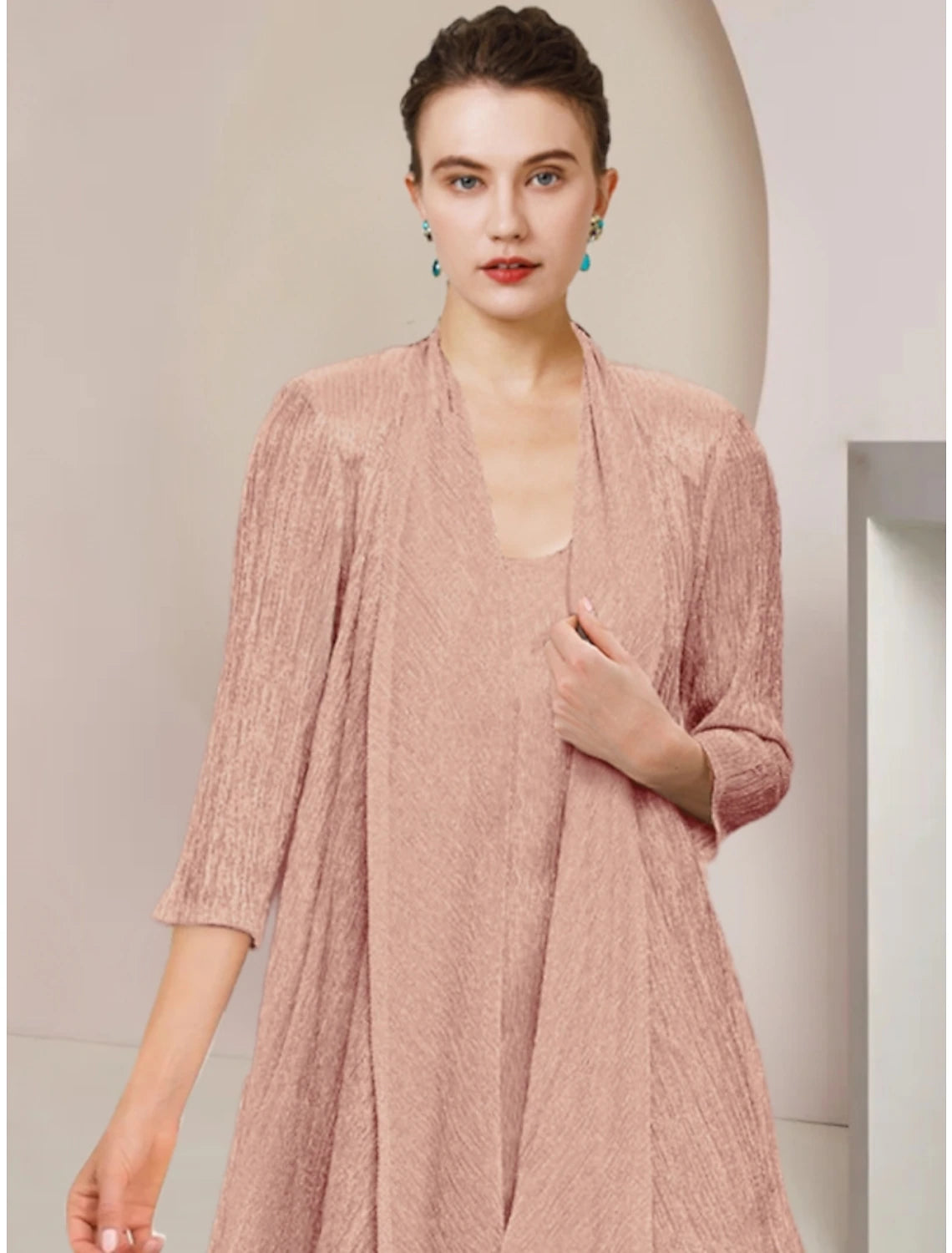 Vestido de madre de la novia de dos piezas, sencillo, pequeño, escote redondo, largo hasta la rodilla, encaje, manga 3/4 con pliegues, color liso