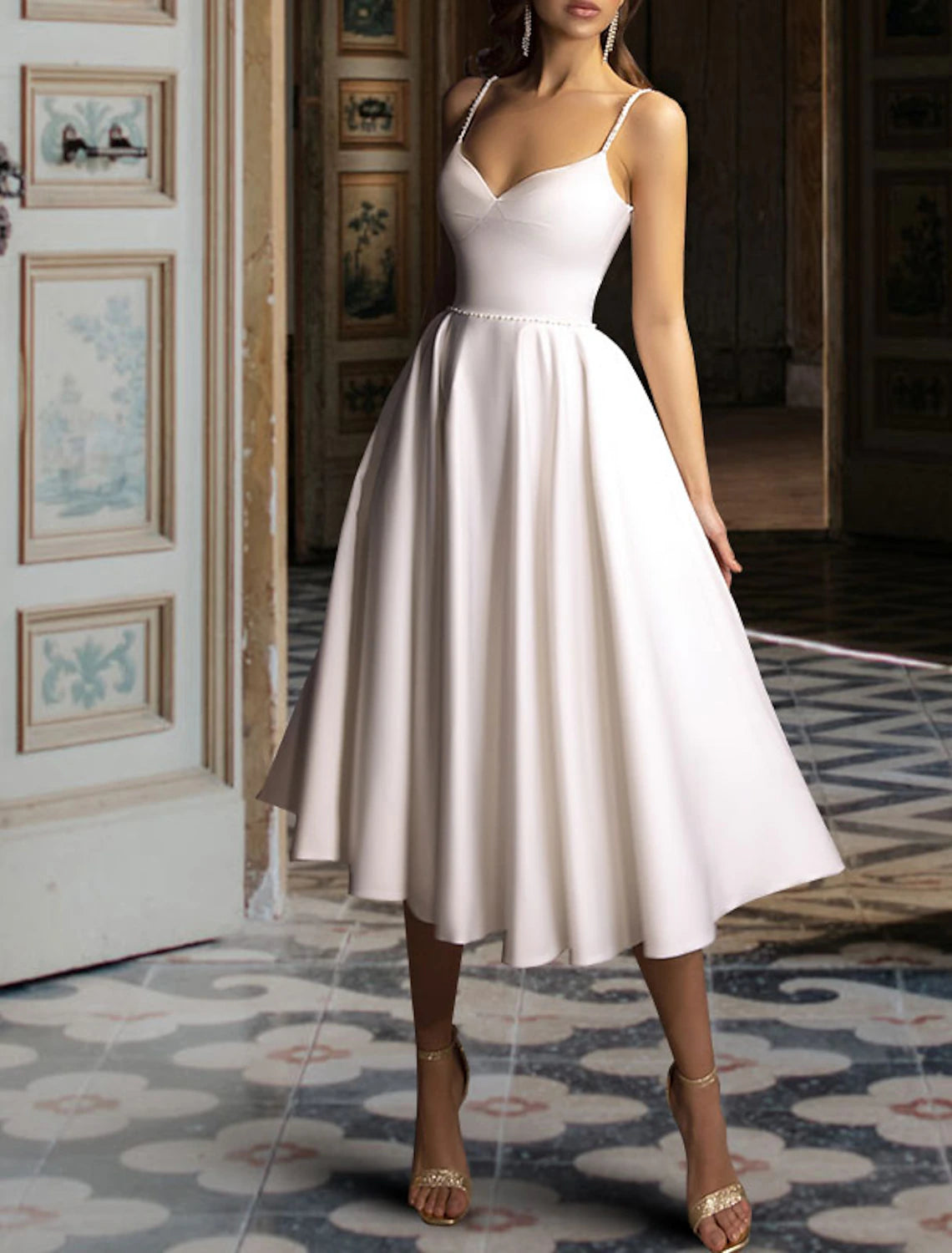 Vestidos de novia blancos cortos para despedida de soltera, vestidos de novia de corte A, escote corazón, camisola, tirantes finos, largo hasta la rodilla, de satén con cuentas.