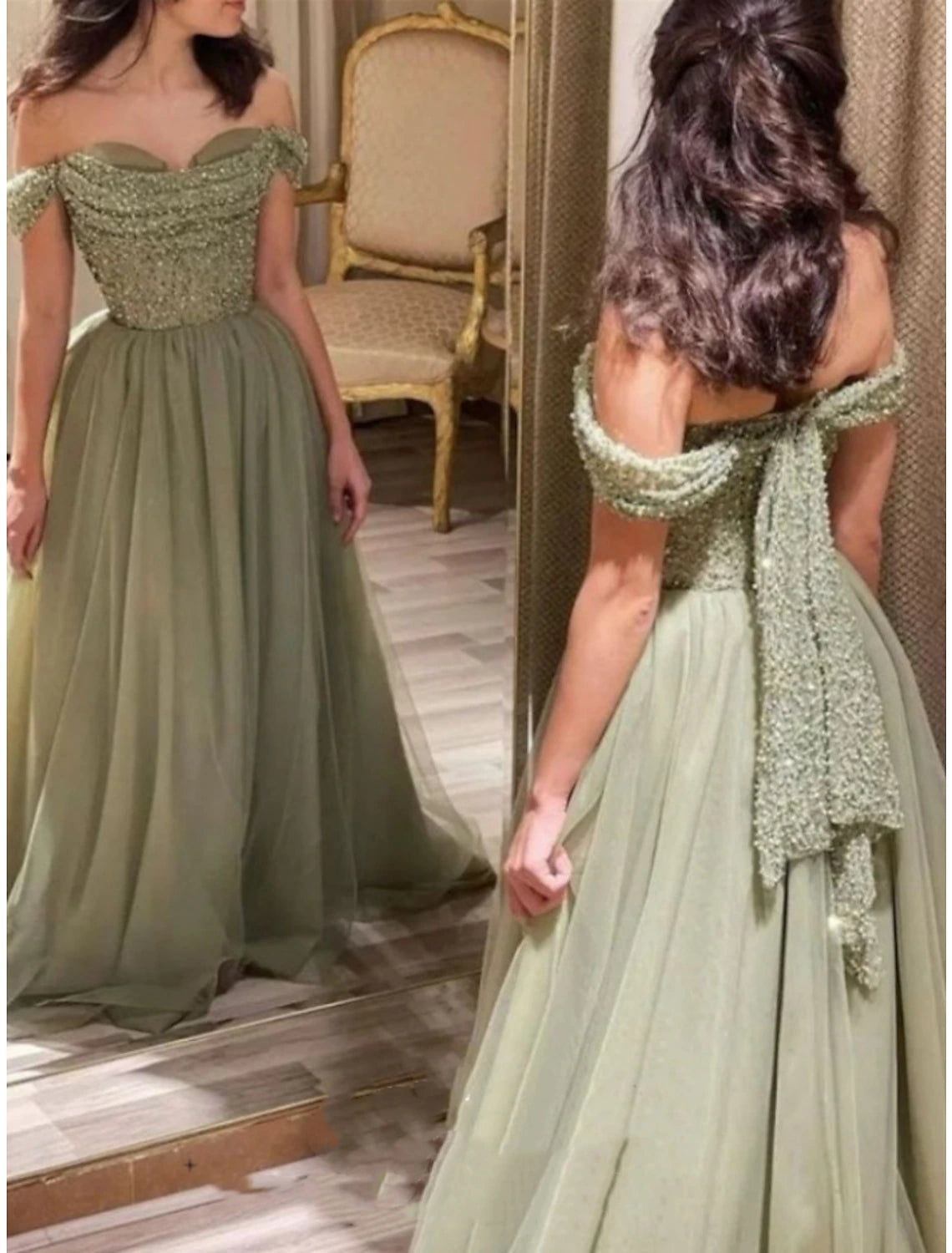 Abiti da ballo a trapezio, eleganti, formali, con strascico a spazzola, rossi e verdi, maniche corte, spalle scoperte, in tulle con pieghe glitterate e arricciato