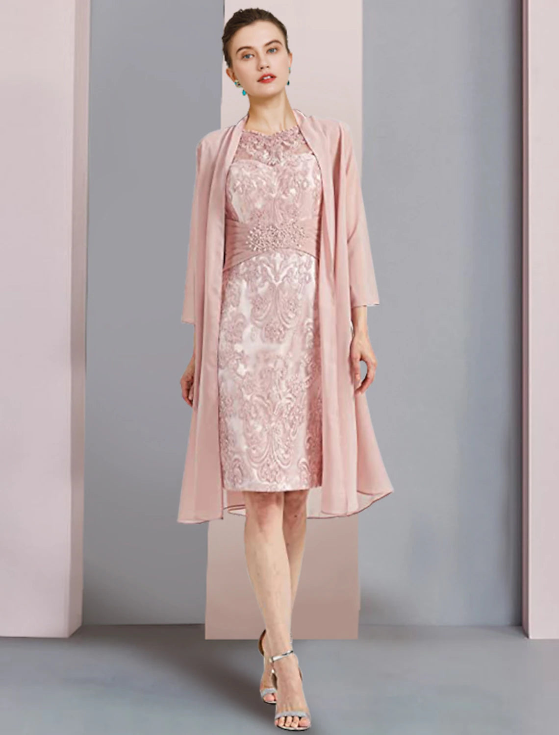 Vestido de dos piezas tipo tubo/columna para madre de la novia, elegante, de escote redondo, largo hasta la rodilla, de gasa, con encaje, sin mangas, con apliques de cuentas