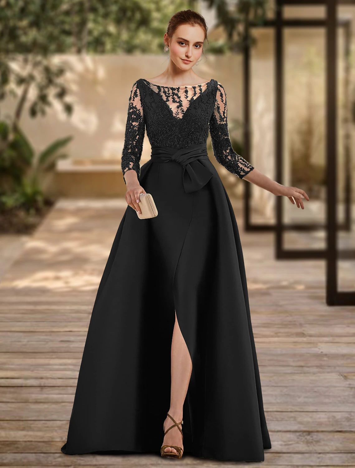 Olive Green Satin A-Line Evening Dress with Illusion Neck & Embroidered Sleeves