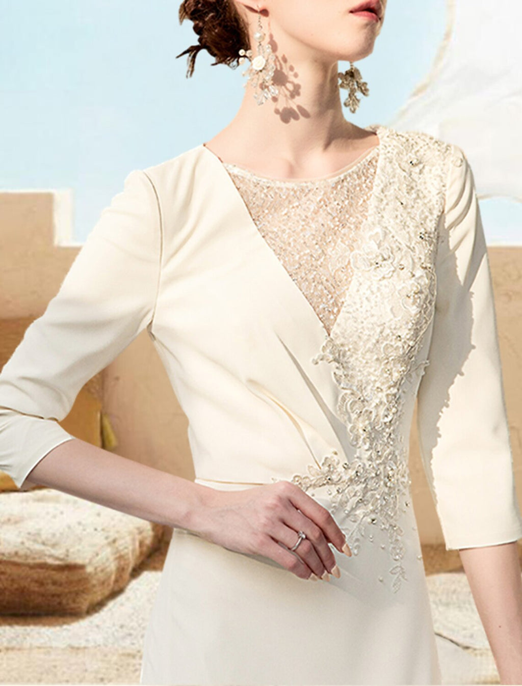 Ivory Chiffon A-Line Floor-Length V-Neck Dress with Embroidered Bodice