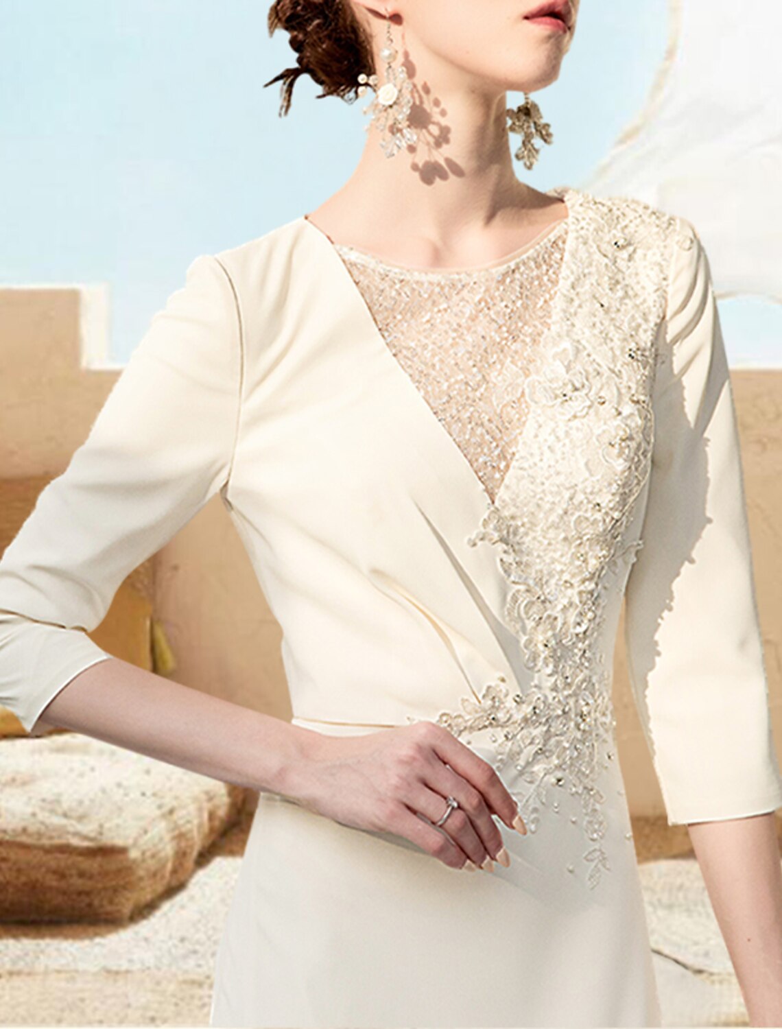 Ivory Chiffon A-Line Floor-Length V-Neck Dress with Embroidered Bodice
