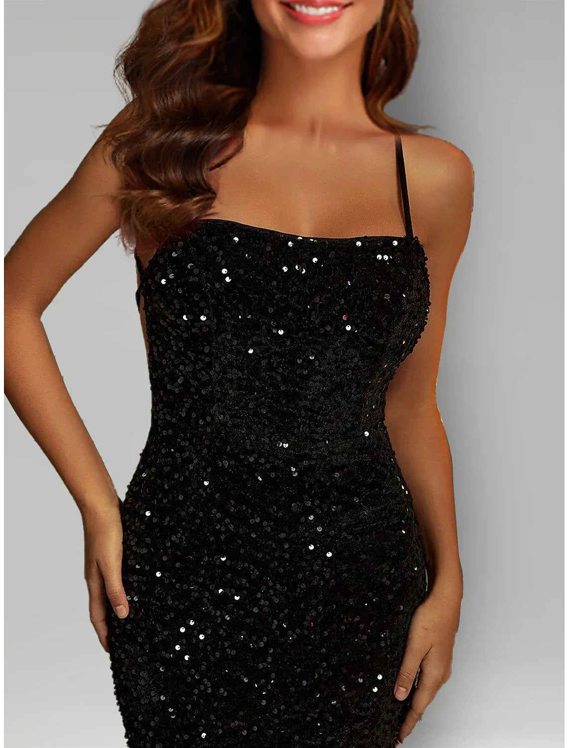 Black Sequin Mermaid Floor-Length Evening Dress with Straight Neck