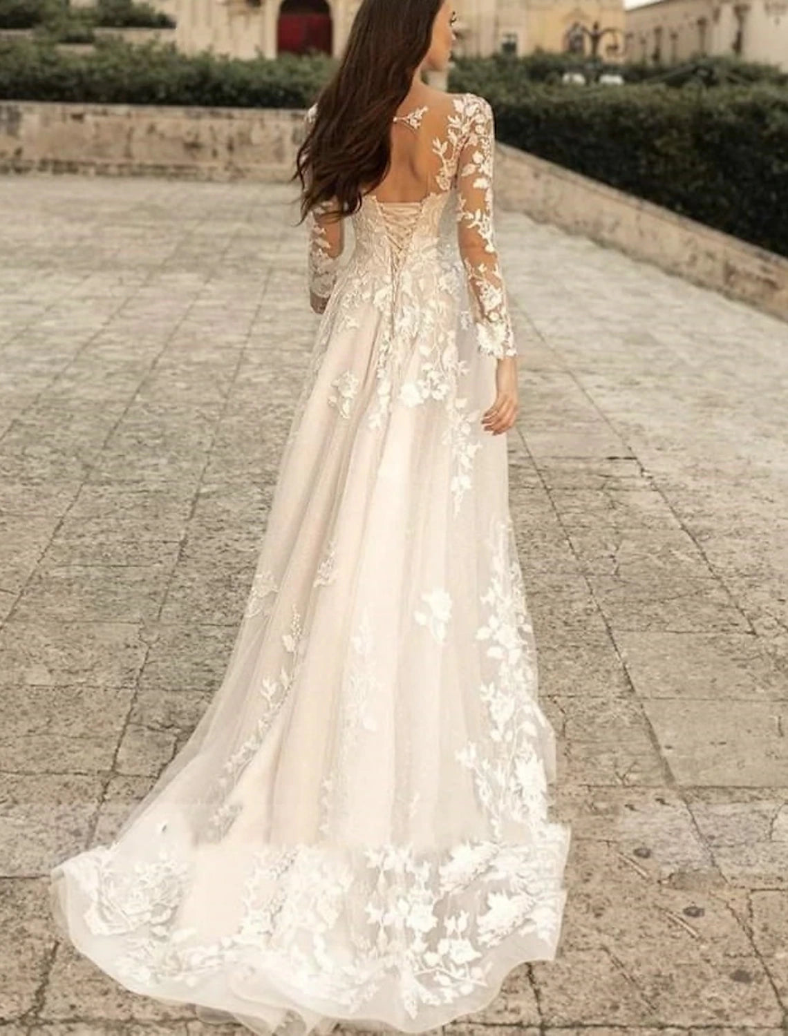 Ivory Lace A-Line Floor-Length Bridesmaid Dress with V-Neck and Illusion Long Sleeves