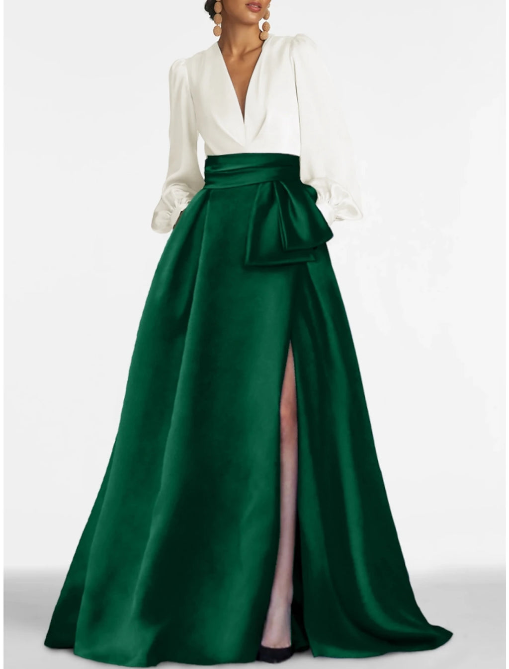 Forest Green Satin A-Line Floor-Length V-Neck Evening Dress with Structured Bow