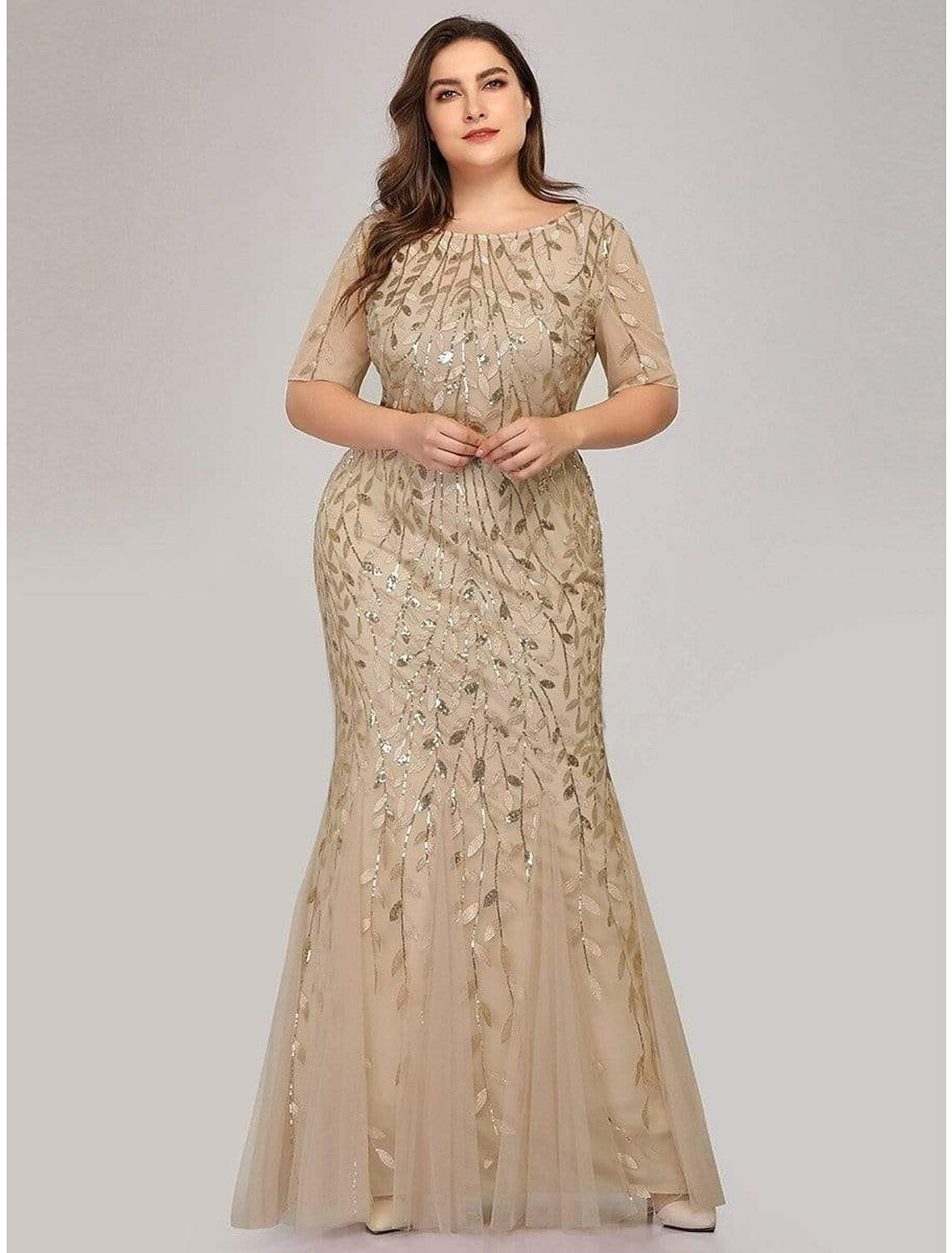 Vestido de noche elegante estilo imperio de sirena/trompeta para fiesta, formal, cuello joya, manga corta, largo hasta el suelo, de tul con bordado/manga ilusión.