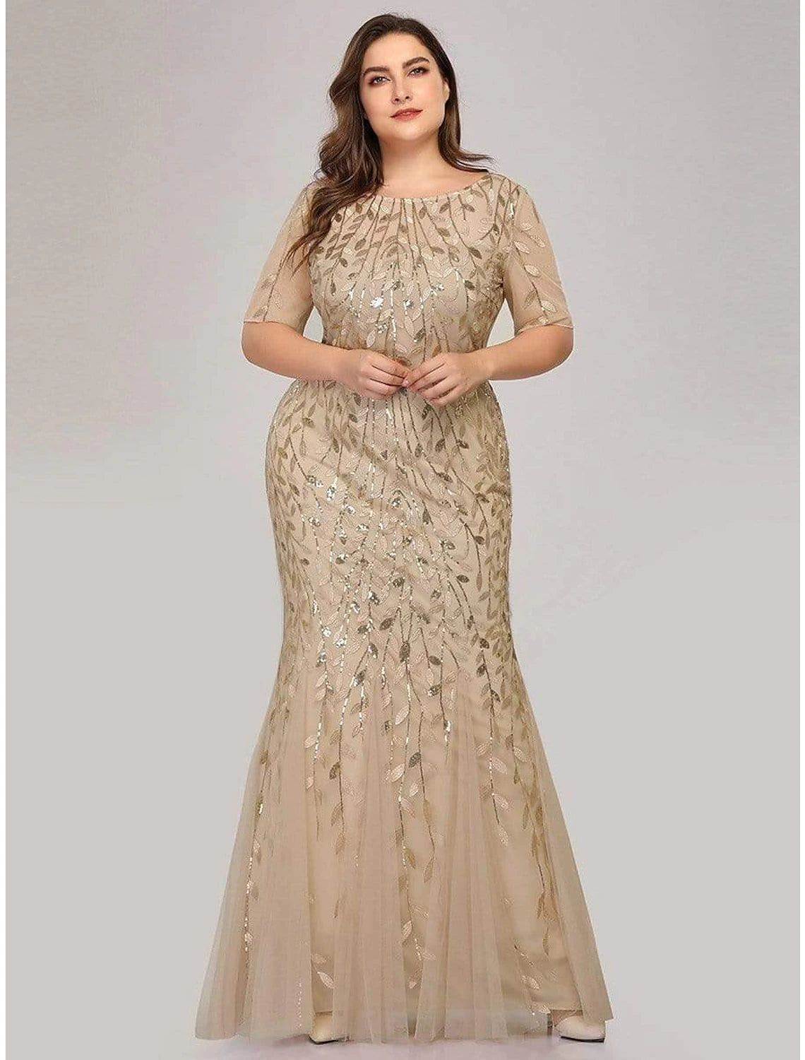 Vestido de noche elegante estilo imperio de sirena/trompeta para fiesta, formal, cuello joya, manga corta, largo hasta el suelo, de tul con bordado