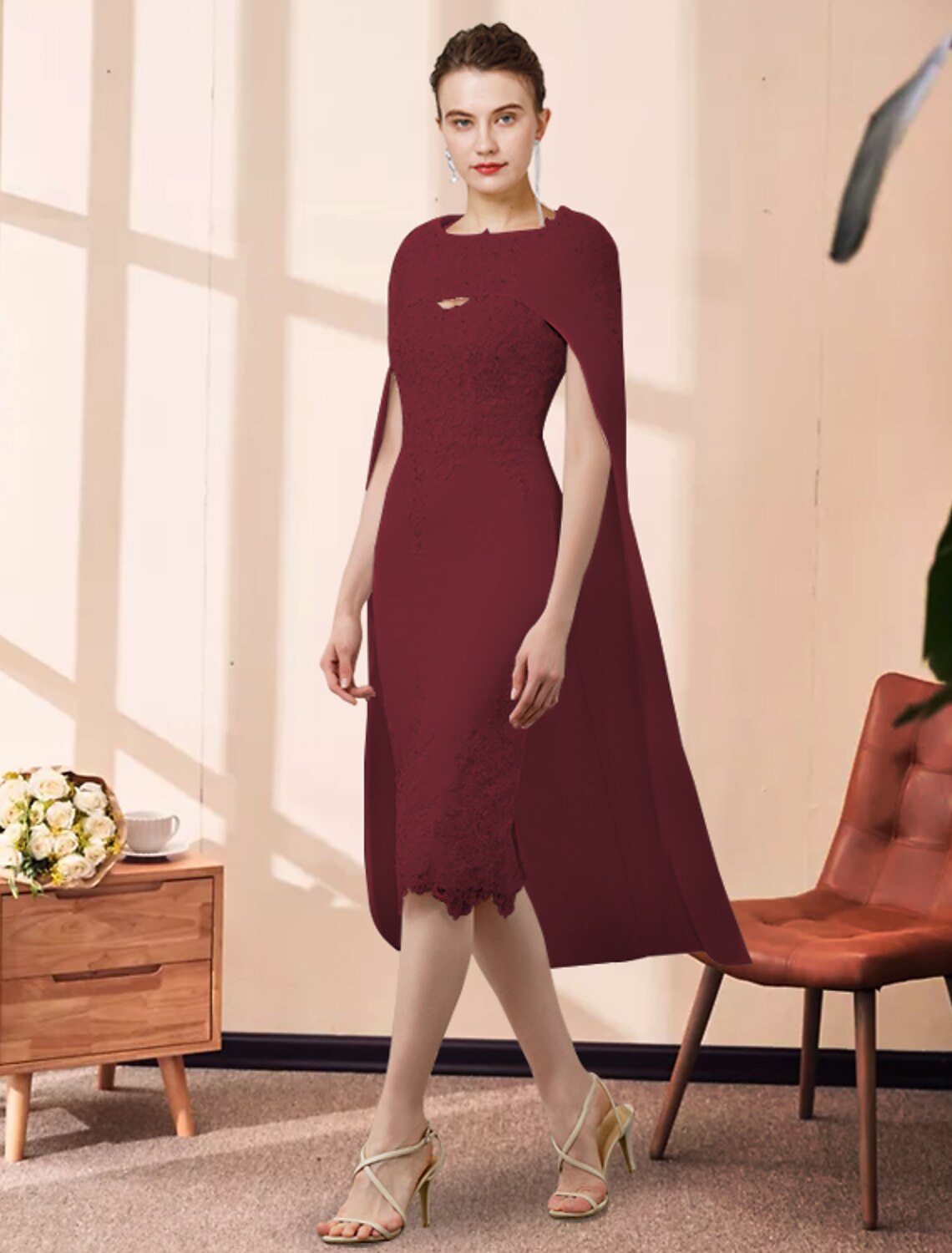 Vestido de dos piezas para madre de la novia, estilo tubo/columna, para invitada de boda, iglesia, elegante, cuello joya, largo hasta la rodilla, de gasa, encaje, sin mangas, con apliques de cuentas, otoño