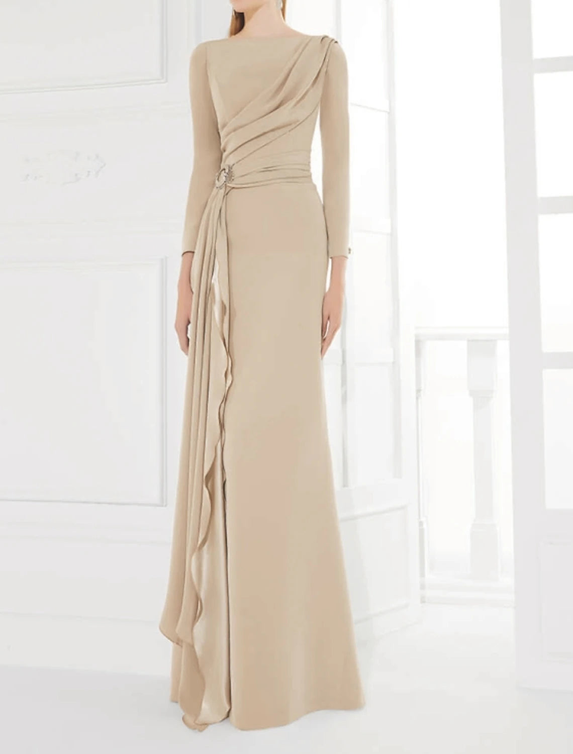 Champagne A-Line Floor-Length Evening Dress - Draped Boat Neck