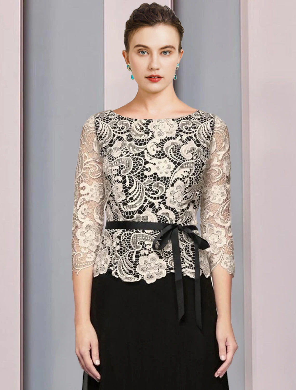 Abito da cerimonia per la madre della sposa, a trapezio, elegante, con scollo a barchetta, lunghezza al pavimento, in chiffon e pizzo, manica a 3/4 con fiocco/i, color block