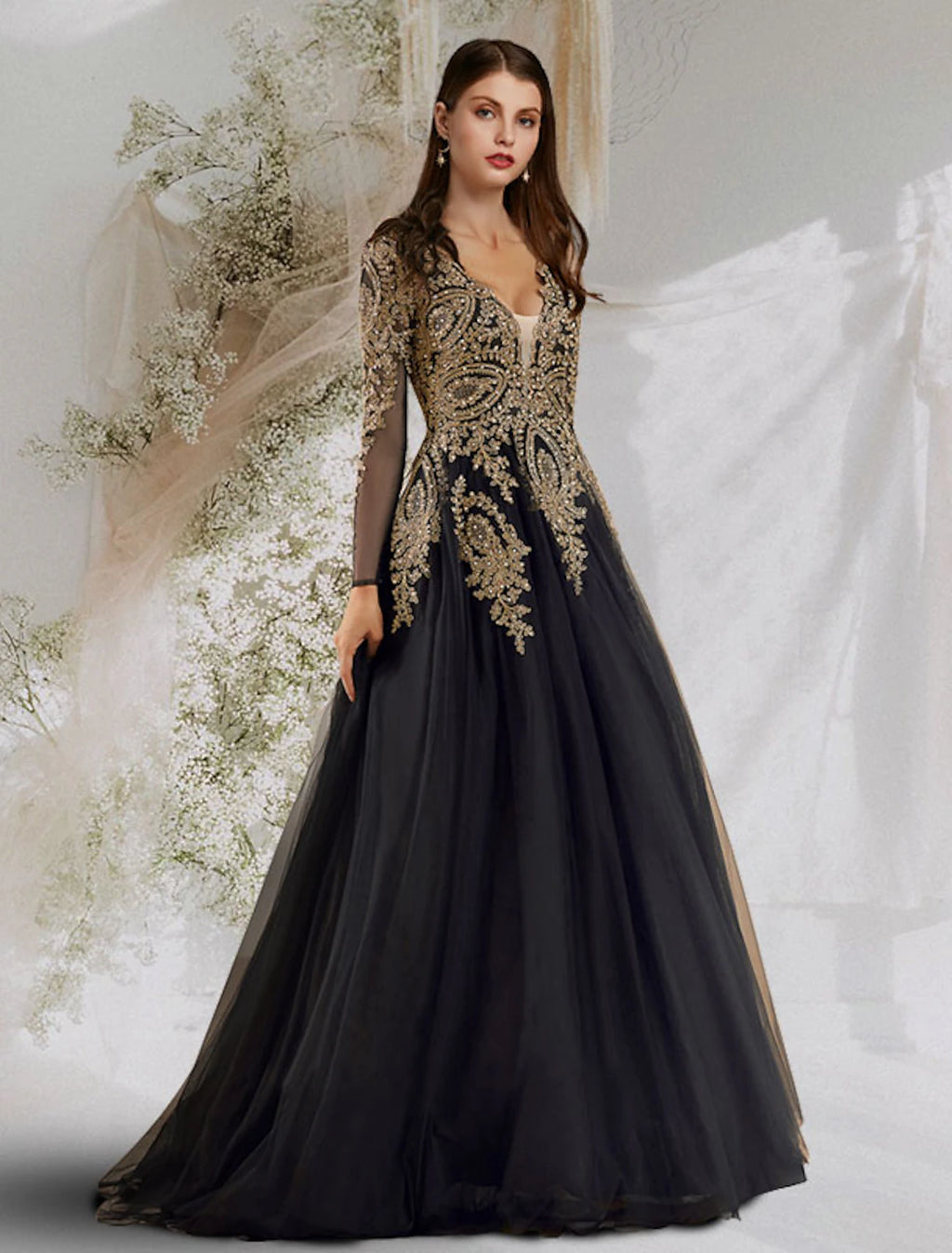 Black Long Sleeve Embroidered Tulle A-Line Floor-Length Evening Dress