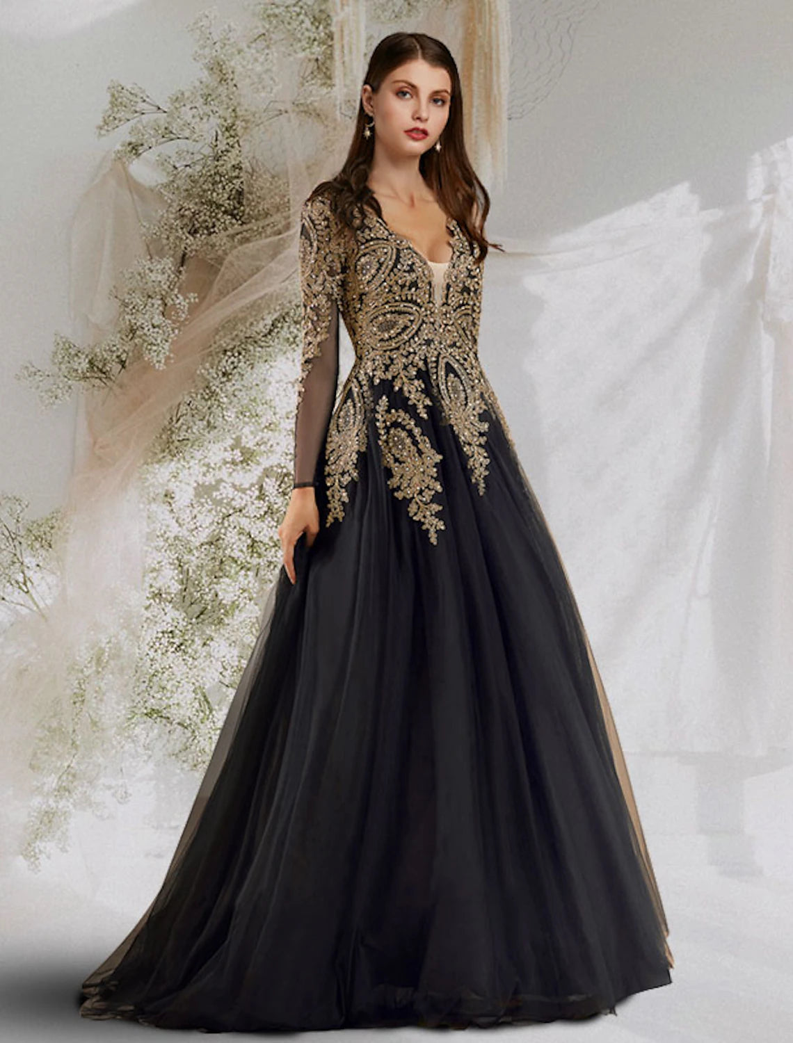 Black Long Sleeve Embroidered Tulle A-Line Floor-Length Evening Dress