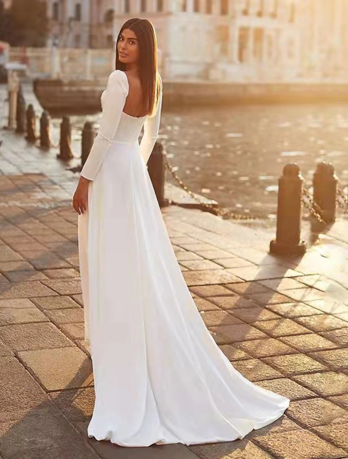 Reception Royal Style Casual Wedding Dresses A-Line Sweetheart Long Sleeve Sweep / Brush Train Satin Bridal Gowns With Solid Color   Summer Wedding Party  Women's Clothing