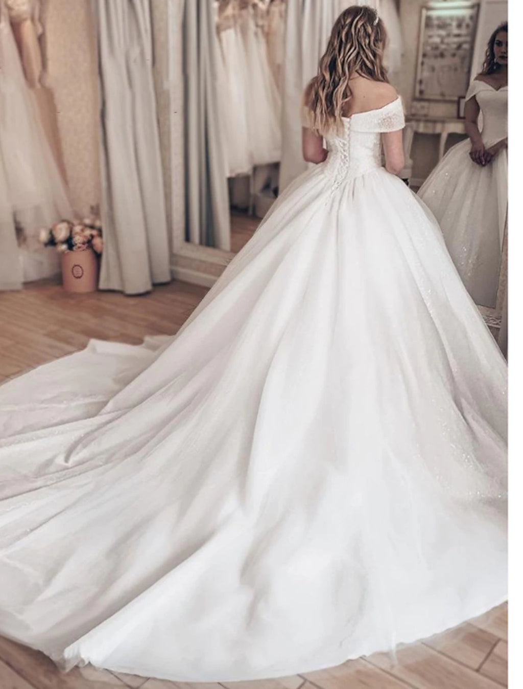 White A-Line Tulle Floor-Length Bridesmaid Dress with Sweetheart Off-the-Shoulder Beaded Bodice