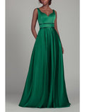 Emerald Satin V-Neck A-Line Floor-Length Gown with Embellished Waist